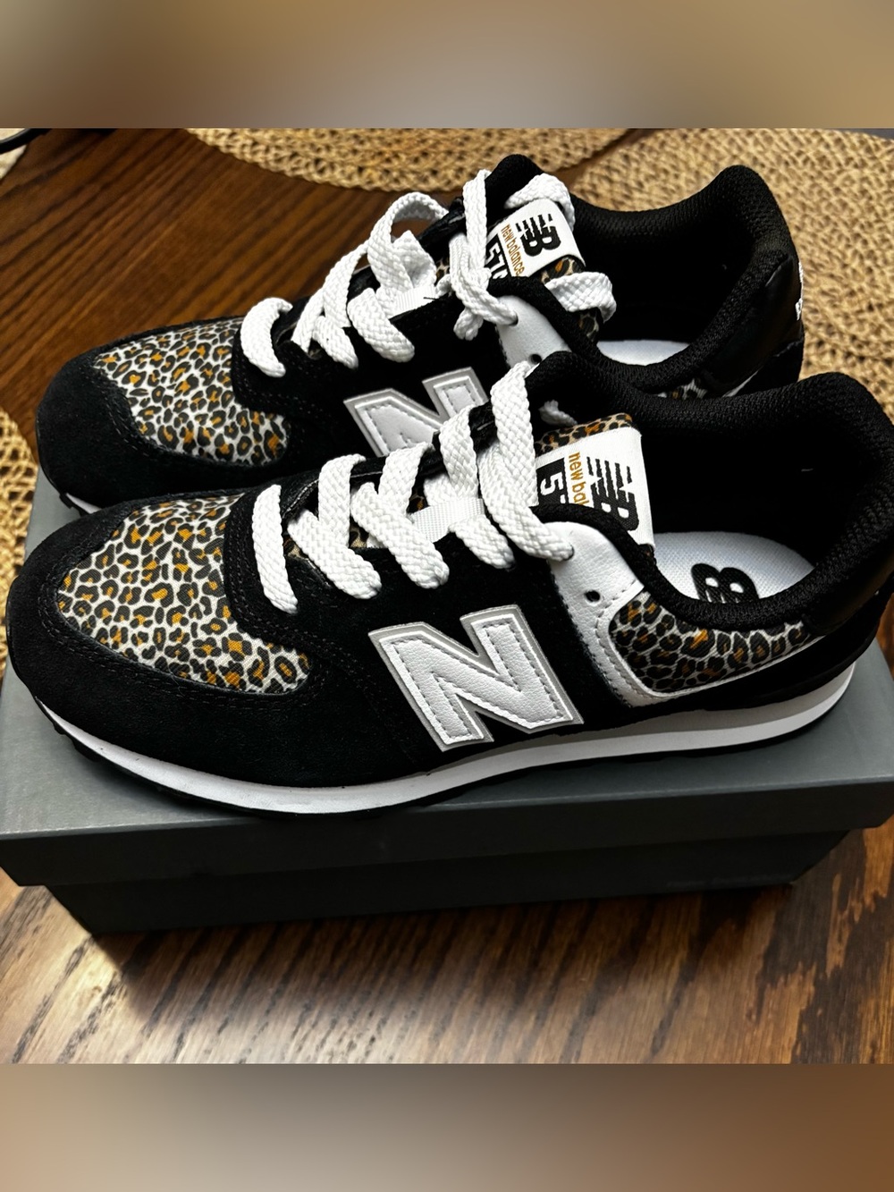 New Balance 574 Black Beige Leopard Print Kids Shoes